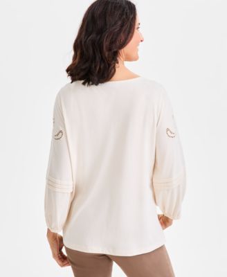 Women's Embroidered Lace-Trim Knit Blouse, Macy's Exclusive