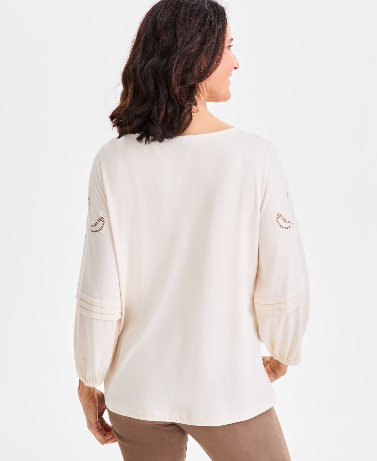 Style & Co Women's Embroidered Lace-trim Knit Blouse, Macy's Exclusive In Brown
