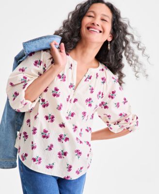 Petite Printed Balloon-Sleeve Popover Top, Macy's Exclusive