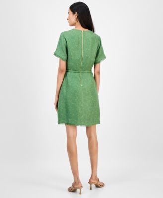 Petite Short-Sleeve Belted Tweed Shift Dress