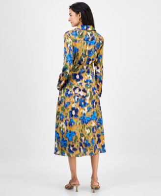 Women's Printed V-Neck Tie-Waist Midi Dress