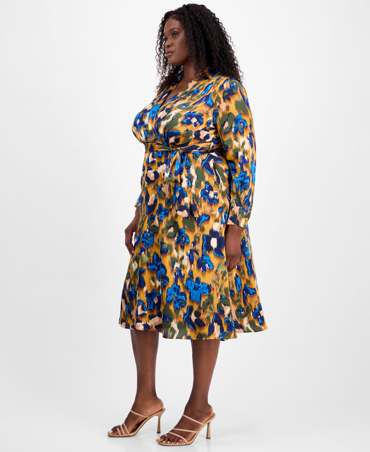 Tahari Asl Plus Size Printed V-neck Tie-waist Midi Dress In Multi