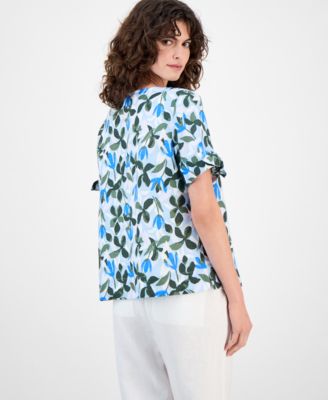 Women's 100% Linen Floral-Print Tie-Sleeve Top, Macy's Exclusive 