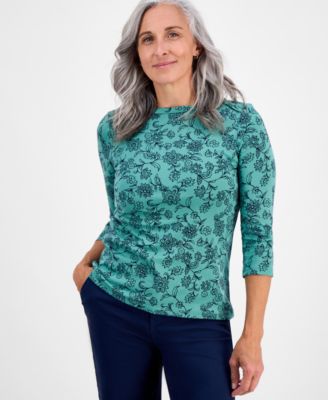 Style & Co - Petite Cotton Floral 3/4-Sleeve Boat-Neck Top