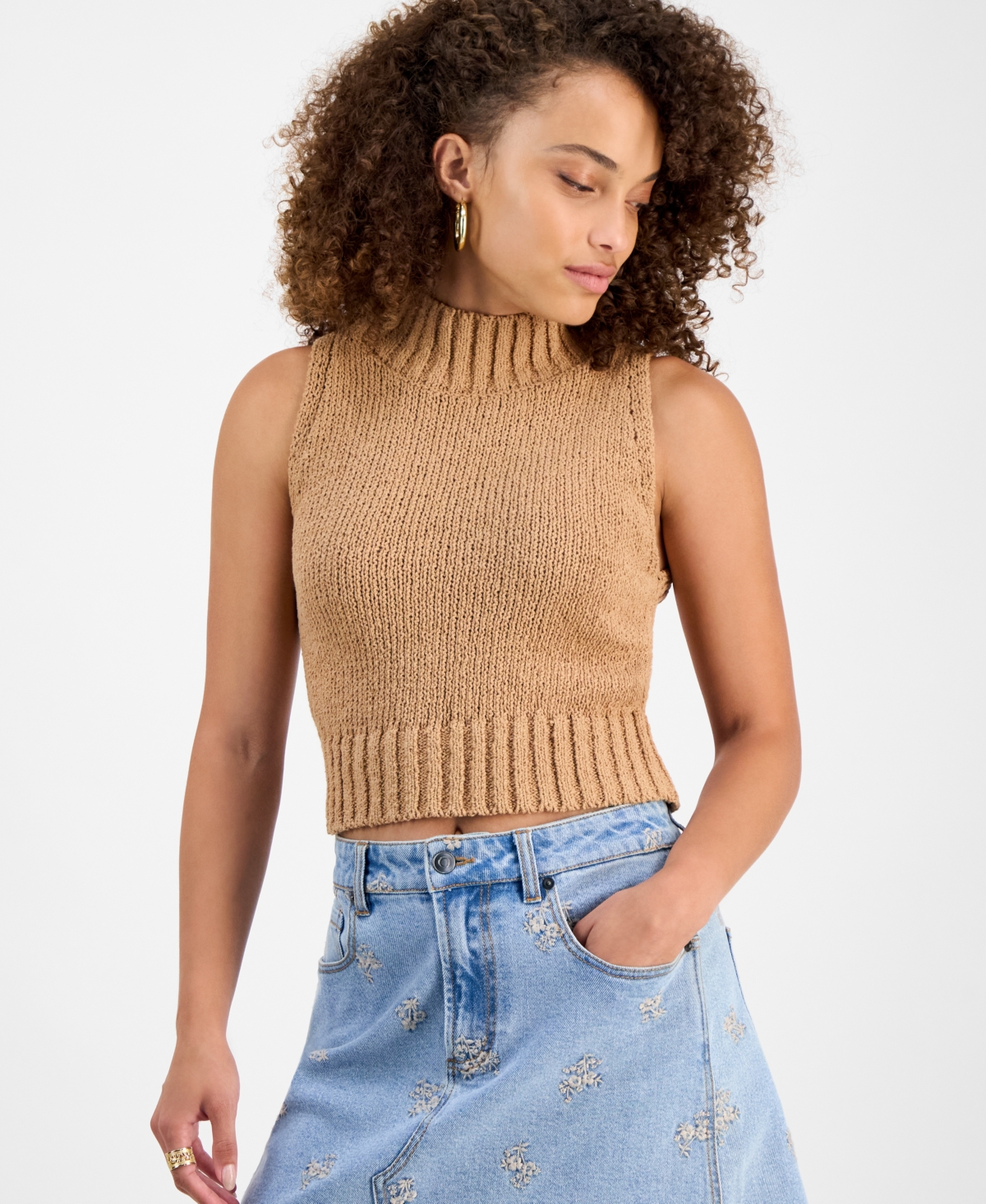 Petite Mock-Neck Sleeveless Sweater, Macy's Exclusive - English Walnut