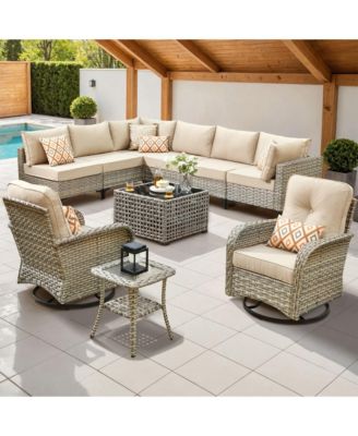 10 Piece Outdoor Patio Furniture with Swivel Chairs,All Weather Wicker Sectional Coversation Set with Solar Coffee Table, Single Modular Chairs