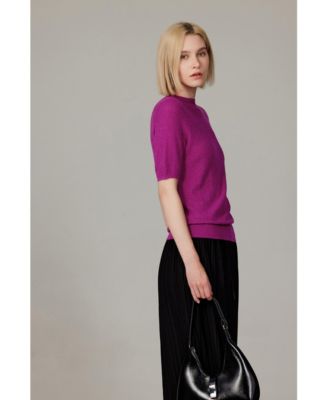 Women's Funnel Neck Short Sleeve Sweater | 75% Merino Wool 25% Silk Ultra Soft Fine-gauge Knit Top | Machine Washable