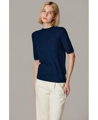 Women's Funnel Neck Short Sleeve Sweater | 75% Merino Wool 25% Silk Ultra Soft Fine-gauge Knit Top | Machine Washable