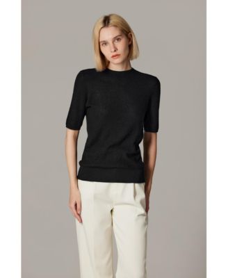Women's Funnel Neck Short Sleeve Sweater | 75% Merino Wool 25% Silk Ultra Soft Fine-gauge Knit Top | Machine Washable