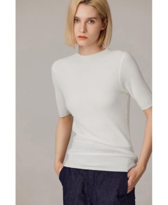 Women's Funnel Neck Short Sleeve Sweater | 75% Merino Wool 25% Silk Ultra Soft Fine-gauge Knit Top | Machine Washable