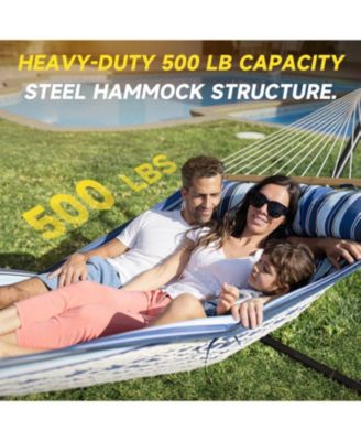 Double Hammock with Stand, 2 Person Cotton Rope Hammock with Removable Polyester Pad, 500LBS Capacity.