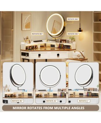 Farmhouse-style dressing table with mirror and lights, featuring a glass top.