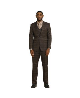 Big & Tall Glen Plaid 3-Piece Jacket With Solid Vest And Pants Suit Peak Lapel