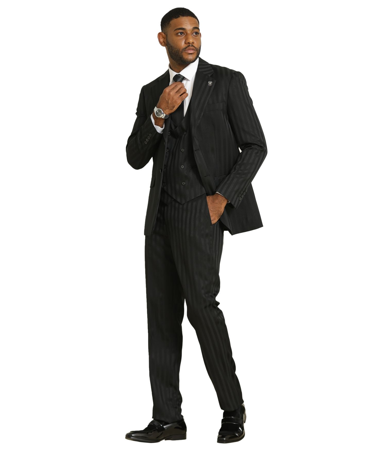 Мужской комплект Stacy Adams Tone On Tone 3-Piece Jacket With Solid Vest And Pants Suit Peak Lapel, цвет: Чёрный — фото 3