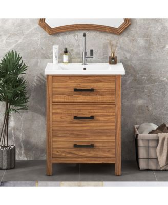 24" Freestanding Vanity with Ceramic Sink, Cabinet with 3 Drawers