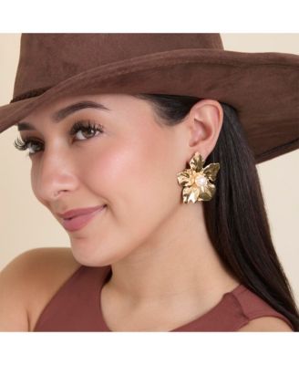 Statement Flower Earrings with Pearl Center in Gold-Tone