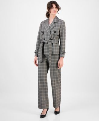 Anne Klein Womens Plaid Belted Button Front Trench Jacket Plaid Wide Leg Mid Rise Pants In Multi