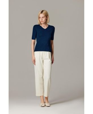 Women's Merino Wool Lurex Sweater | Shimmer Fine gauge V-Neck Short Sleeve Top | Machine Washable Pullover