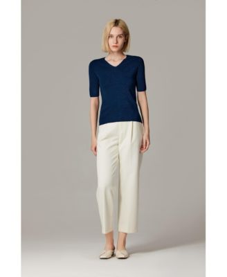 Women's Merino Wool Lurex Sweater | Shimmer Fine gauge V-Neck Short Sleeve Top | Machine Washable Pullover