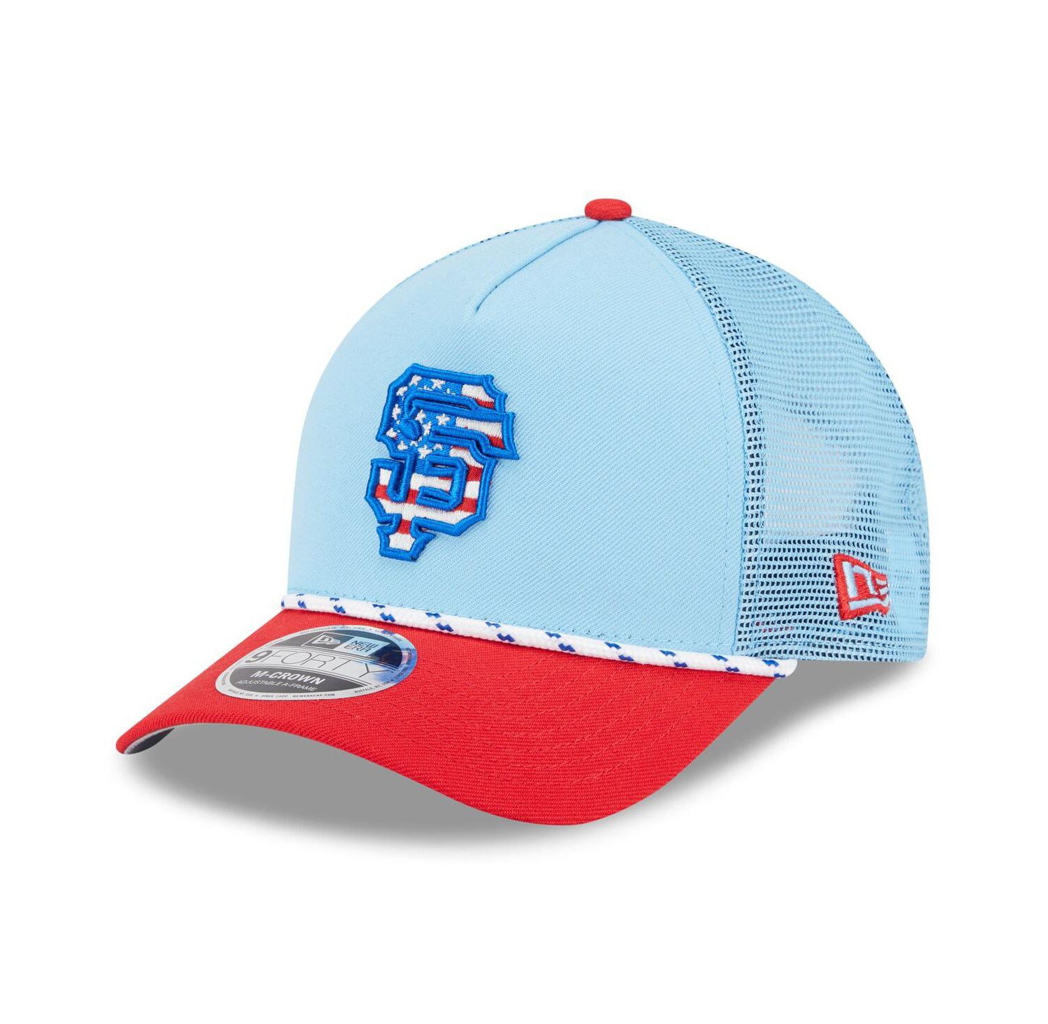 Men's Light Blue/Red San Francisco Giants 2025 Fourth of July 9FORTY A-Frame M-Crown Adjustable Trucker Hat
