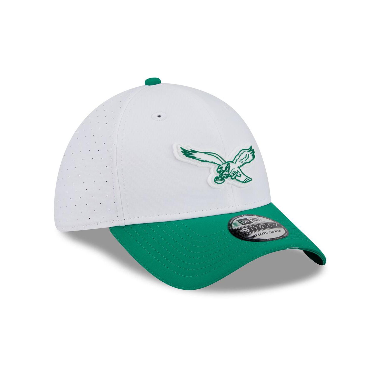 Men's White/Kelly Green Philadelphia Eagles 2025 NFL Training Camp Throwback Logo 39THIRTY Flex Hat