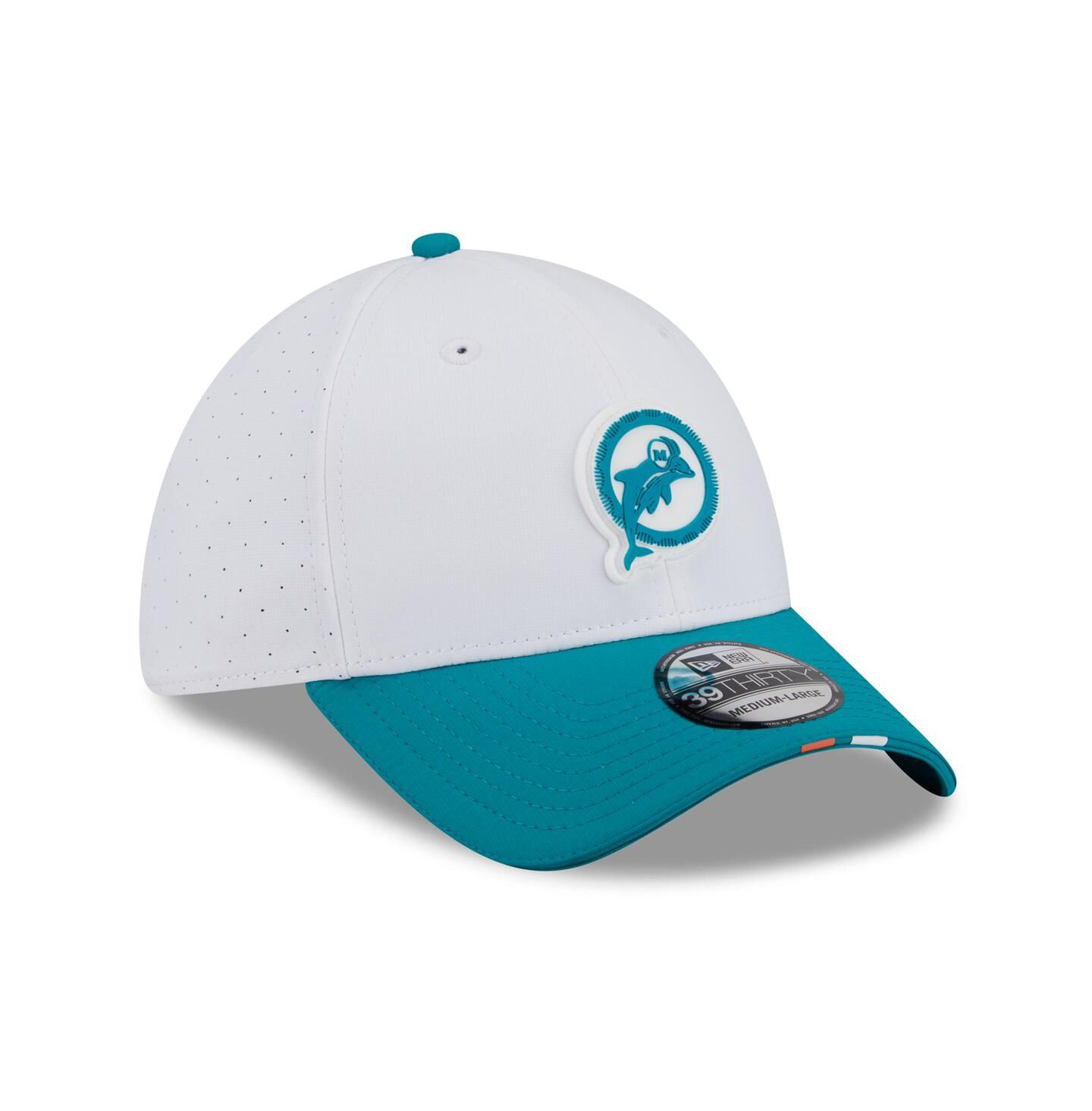 Мужская кепка New Era White/Aqua Miami Dolphins 2025 NFL Training Camp Throwback Logo 39THIRTY Flex Hat — фото 3