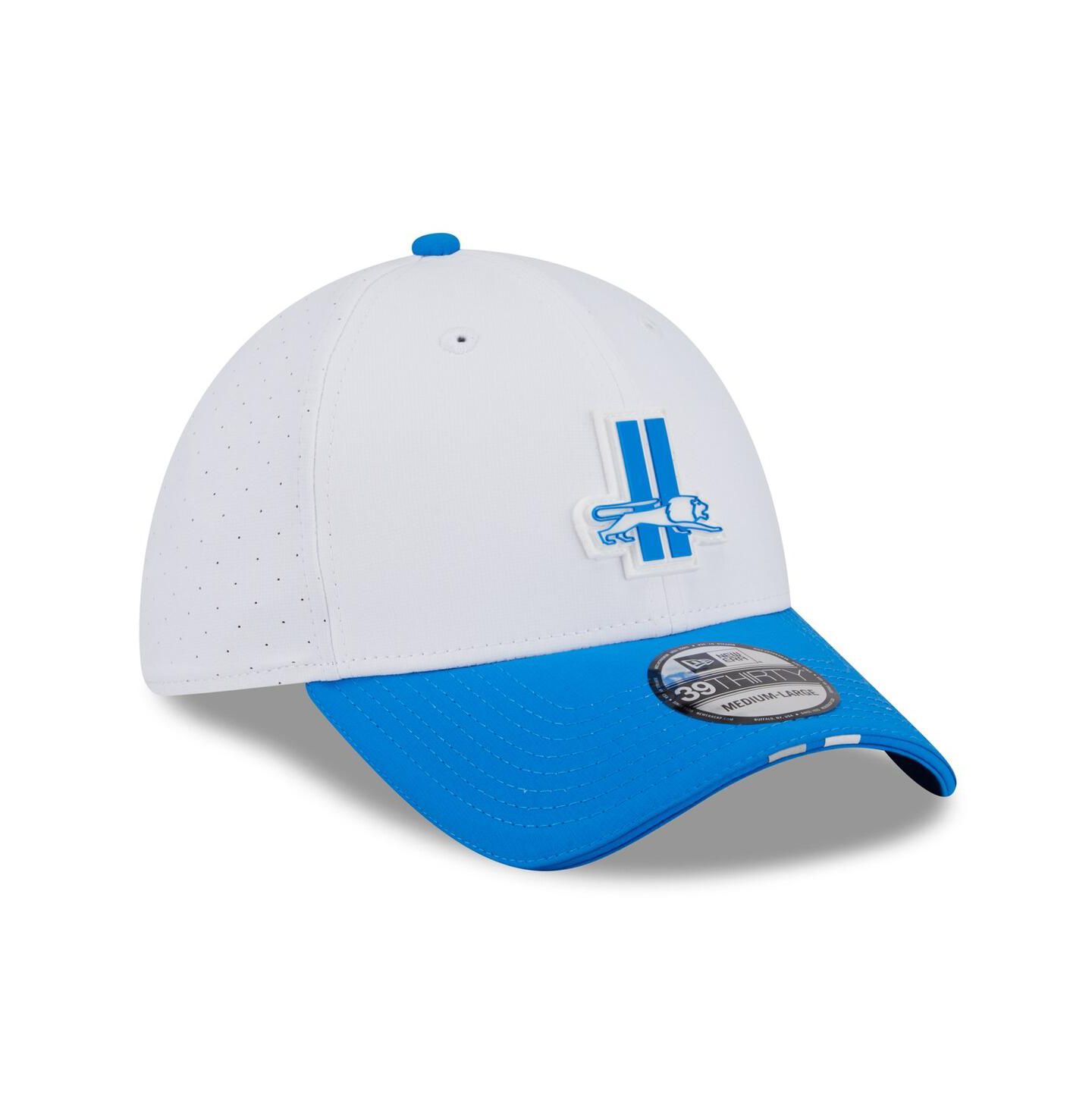 Мужская кепка New Era White/Blue Detroit Lions 2025 NFL Training Camp Throwback Logo 39THIRTY Flex Hat — фото 3