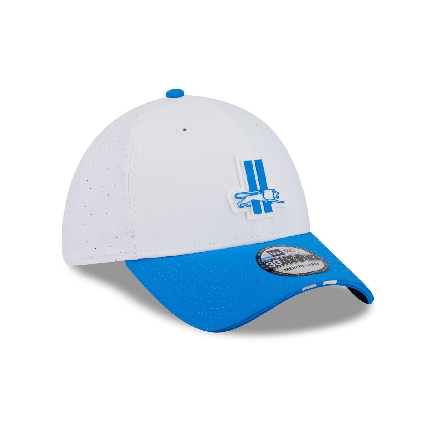 Men's White/Blue Detroit Lions 2025 NFL Training Camp Throwback Logo 39THIRTY Flex Hat