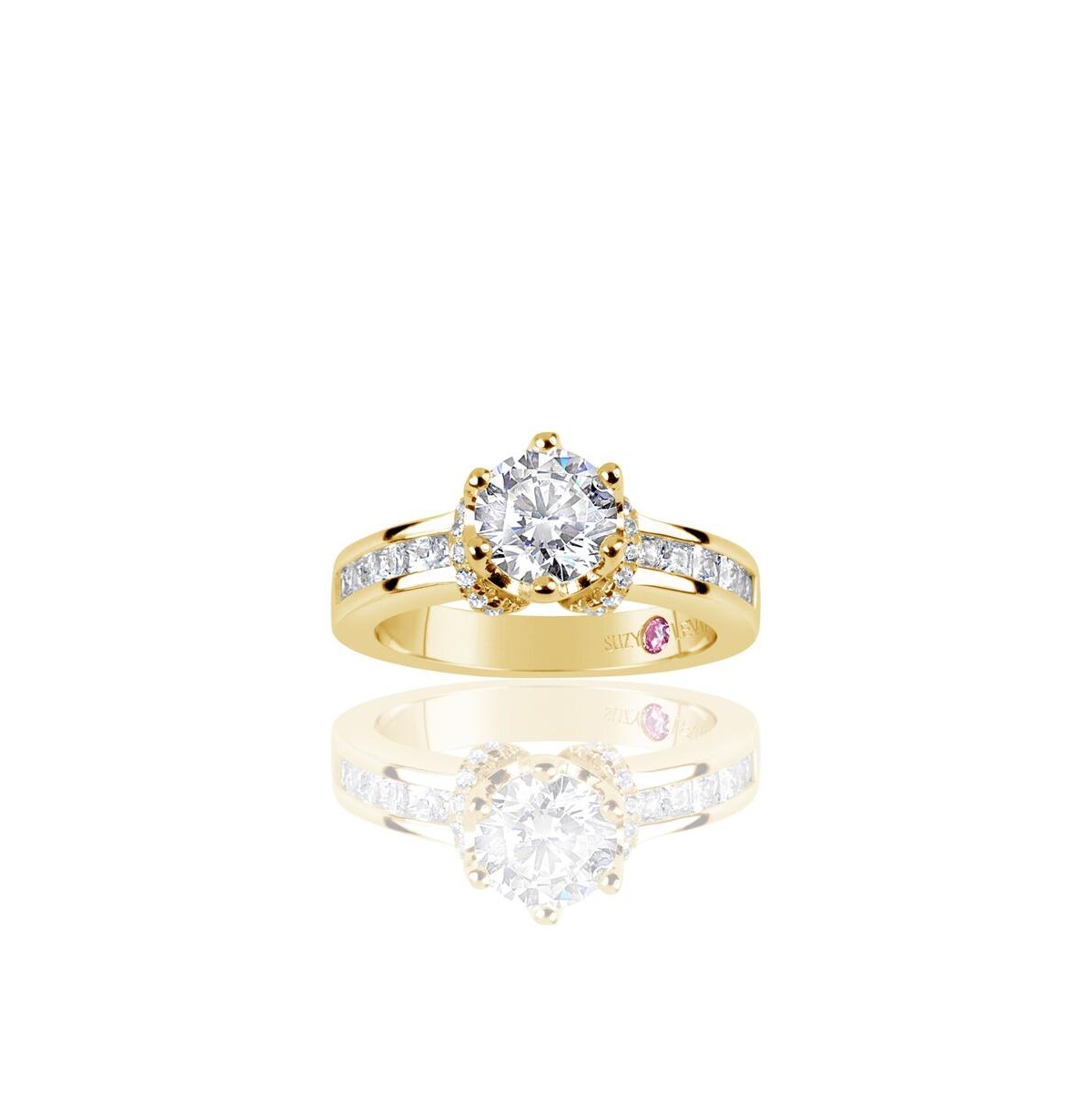 Suzy Levian Golden Sterling Silver Round Cut Cubic Zirconia Crown Setting Ring with Channel Set Band