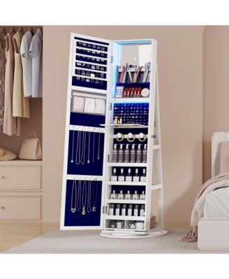 LED jewelry storage cabinet with back storage shelves and 360° rotation.