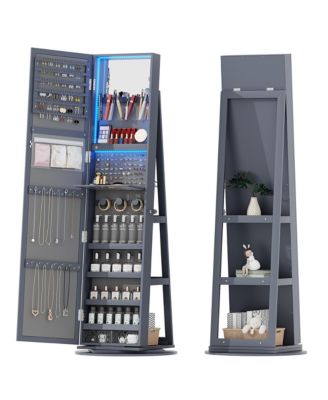 LED jewelry storage cabinet with back storage shelves and 360° rotation.