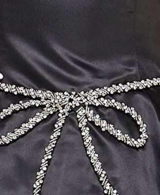 Juniors' Beaded-Bow-Trim Satin Fit & Flare Dress