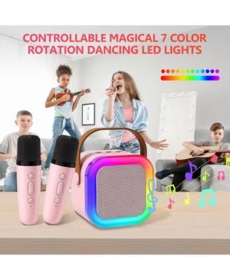 Mini Karaoke Machine for Kids, Portable Bluetooth Speaker with 2 Wireless Mics, LED Lights, Gift for Girls & Boys, Ages 3-12+ (Pink)