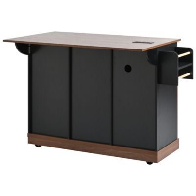 CASAINC 55.5" Wood Drop Leaf with Barn Door, Power Outlet & Spice Rack Kitchen Island