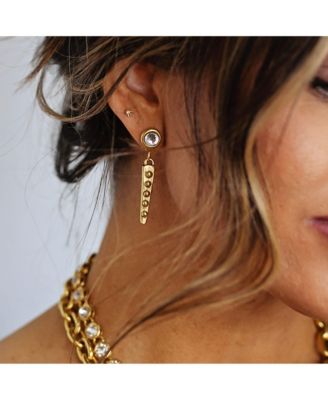 12k Gold Plated Cubic Zirconia Post With Textured Spike Charm Earrings