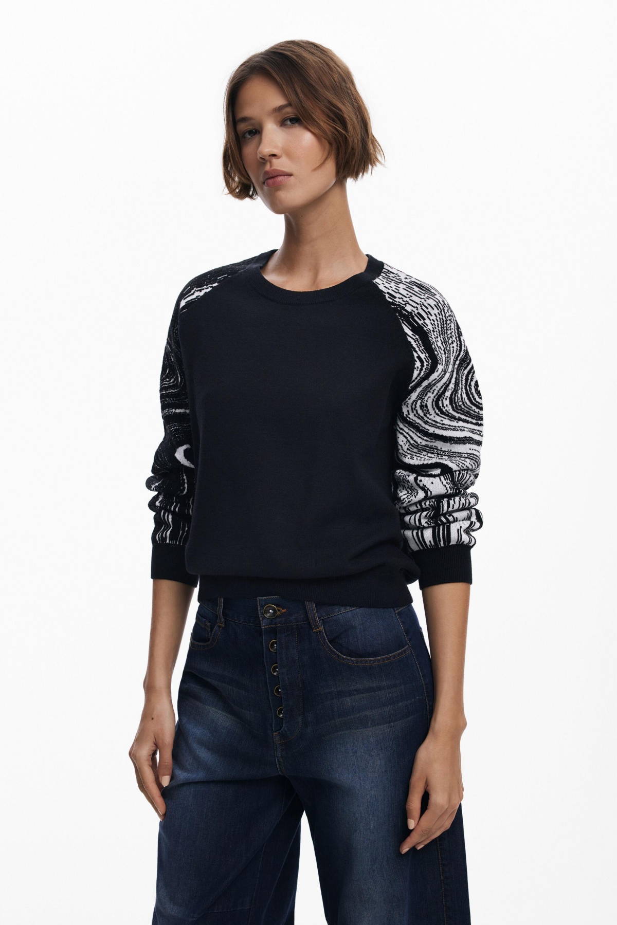 Desigual Swirl Raglan Sleeve Crewneck Sweater In Black