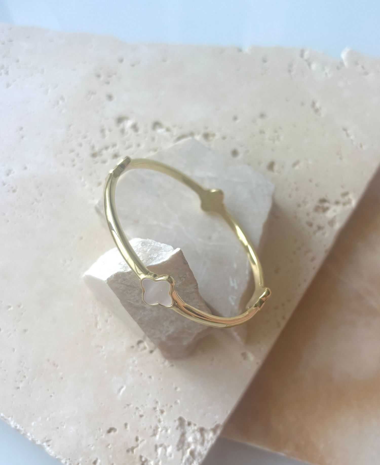 Gold Mother of Pearl Clover Bangle Bracelet