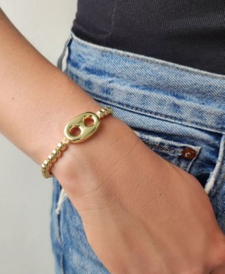 14K Gold Plated Mariner Link Stretch Bead Bracelet