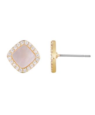 Gold Cushion-Shaped Mother of Pearl Halo Stud Earrings