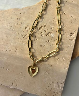 Gold Chunky Mixed Link Chain Fluted Heart Necklace