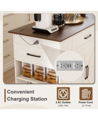 46" Kitchen Island on Wheels with Storage & Power Outlet - White