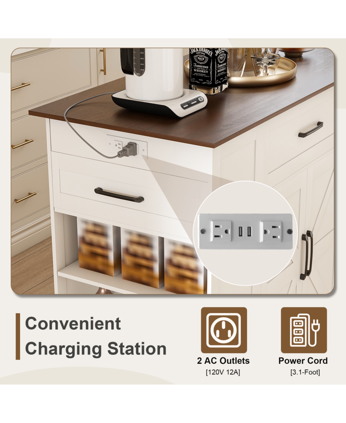Streamdale Furniture 46" Kitchen Island on Wheels with Storage & Power Outlet - White