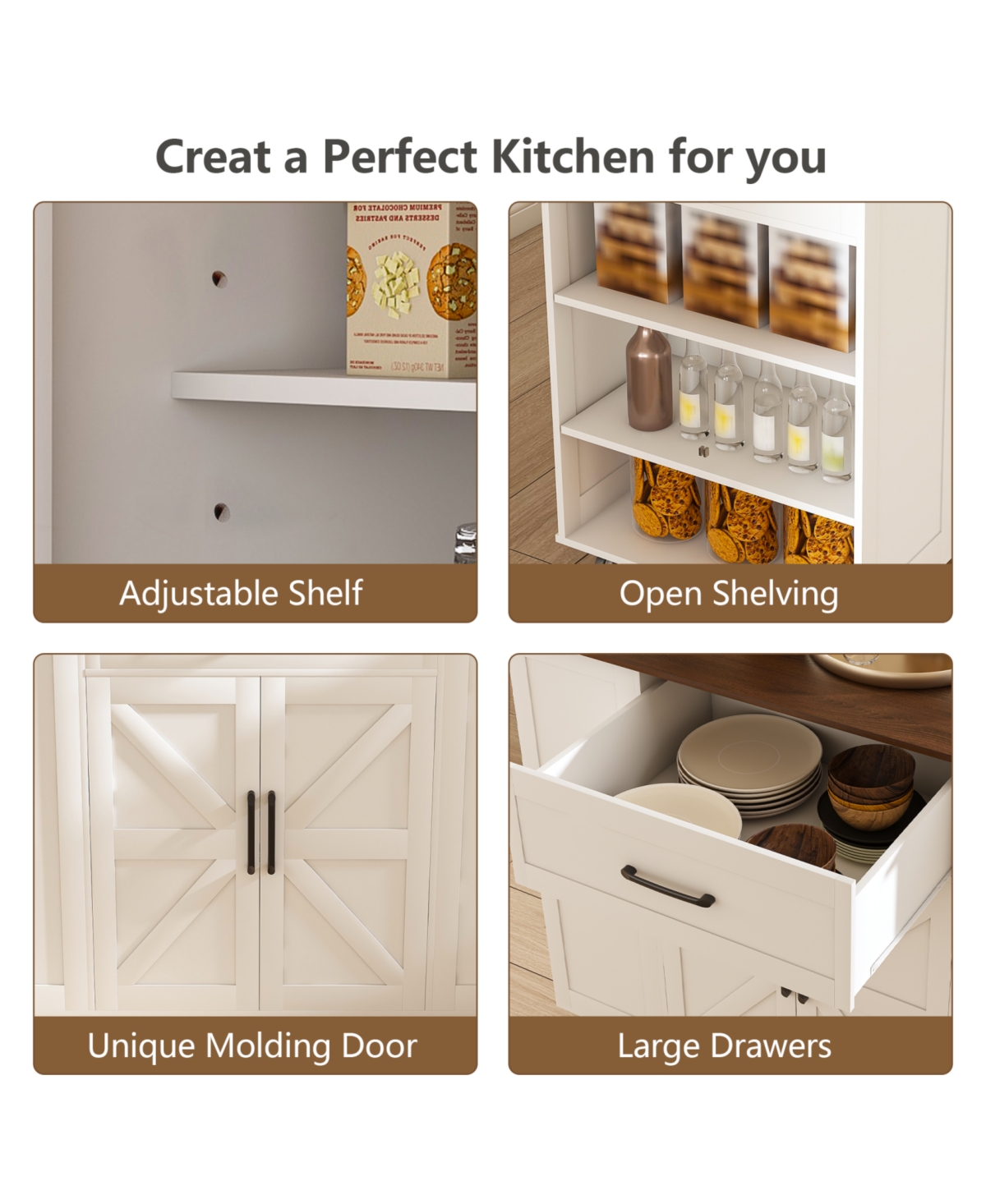 Streamdale Furniture 46" Kitchen Island on Wheels with Storage & Power Outlet - White