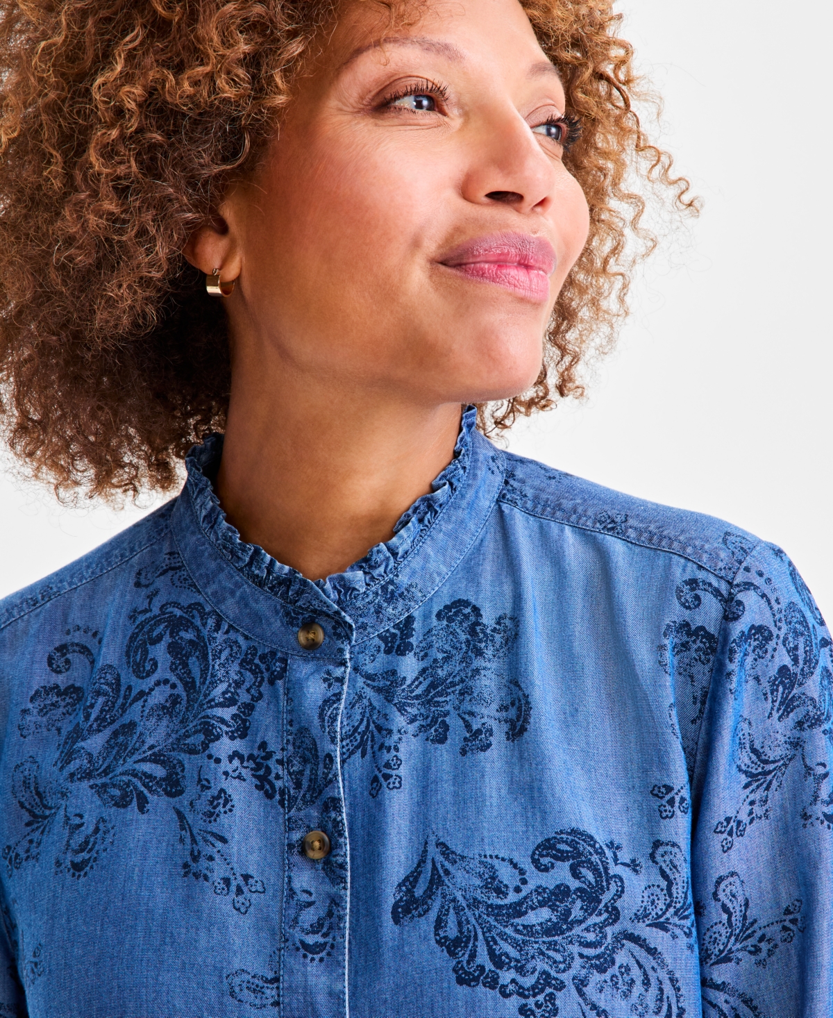 Style & Co Petite Paisley Print Chambray Shirt, Macy's Exclusive In Black