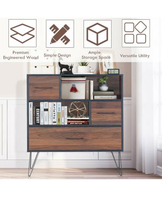 3-Tier Wood Storage Cabinet with Drawers and 4 Metal Legs