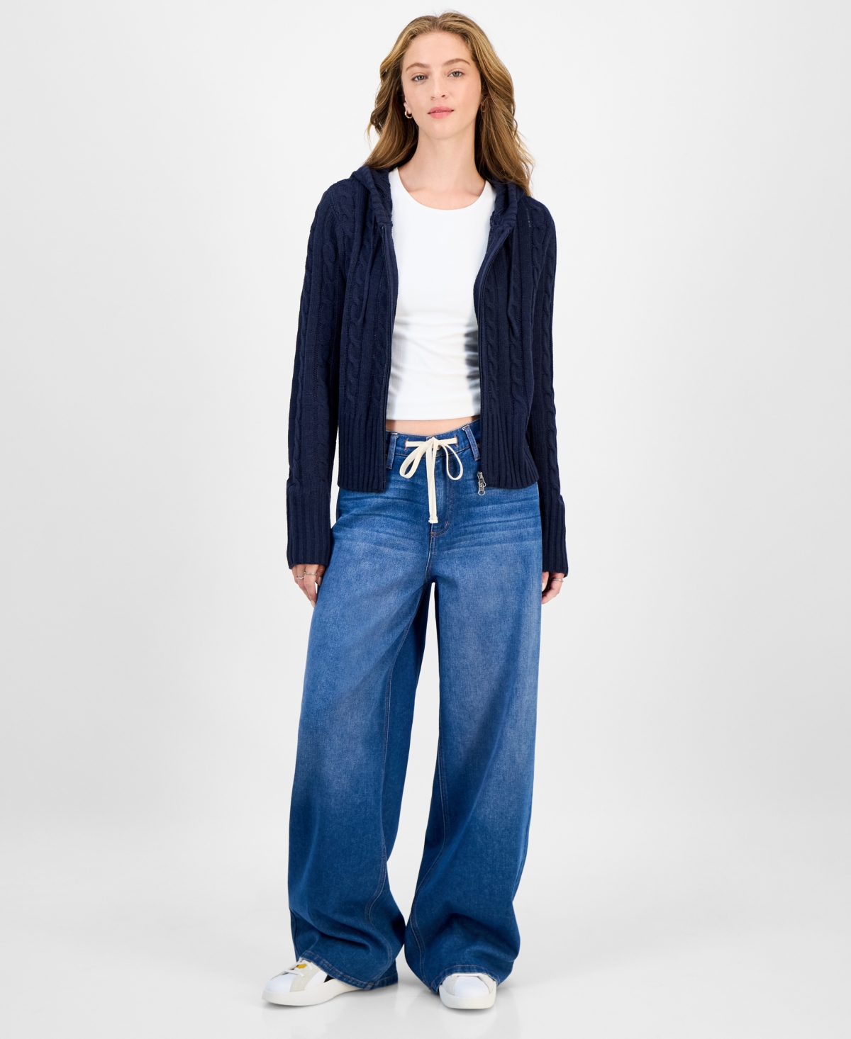 Hooked Up By Iot Juniors' Cable-knit Zippered Hoodie In Blue
