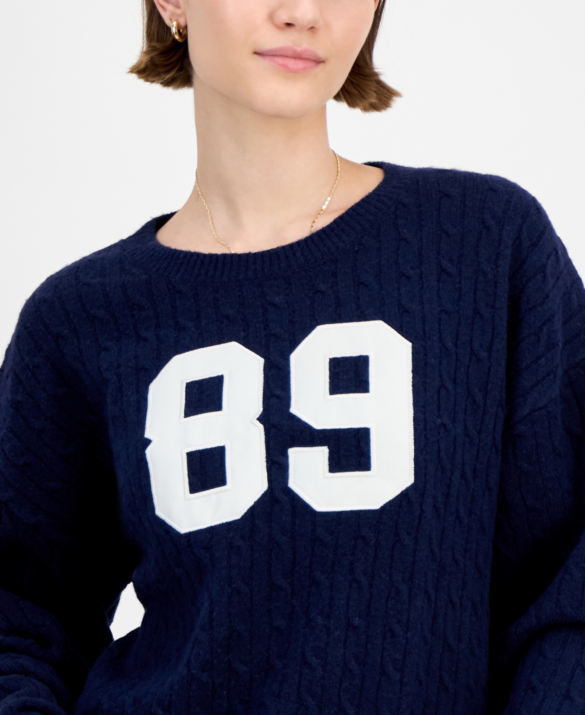 Hippie Rose Juniors' Cable-knit Varsity Sweater In Blue