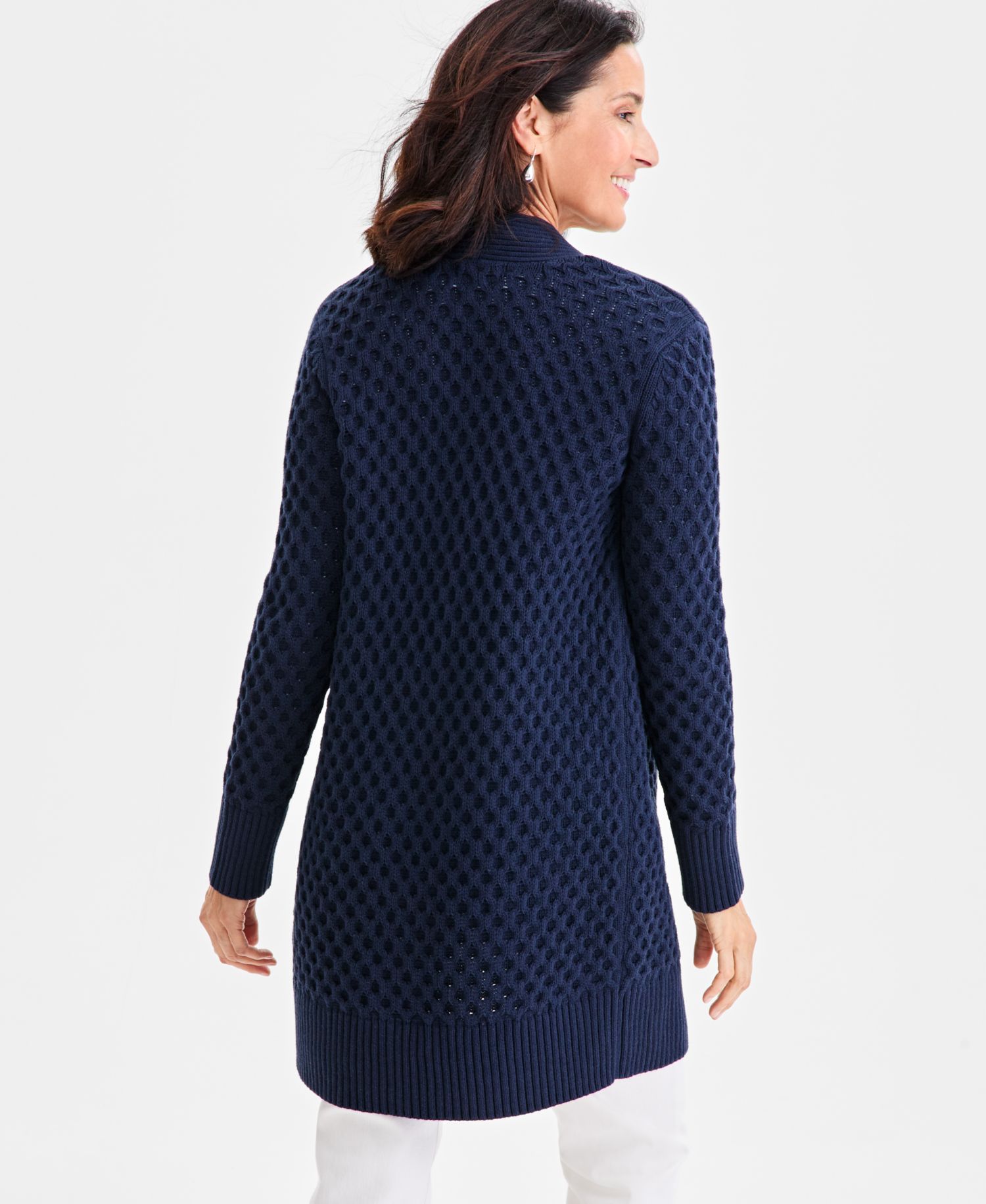 Petite Honeycomb-Knit Open-Front Long Cardigan