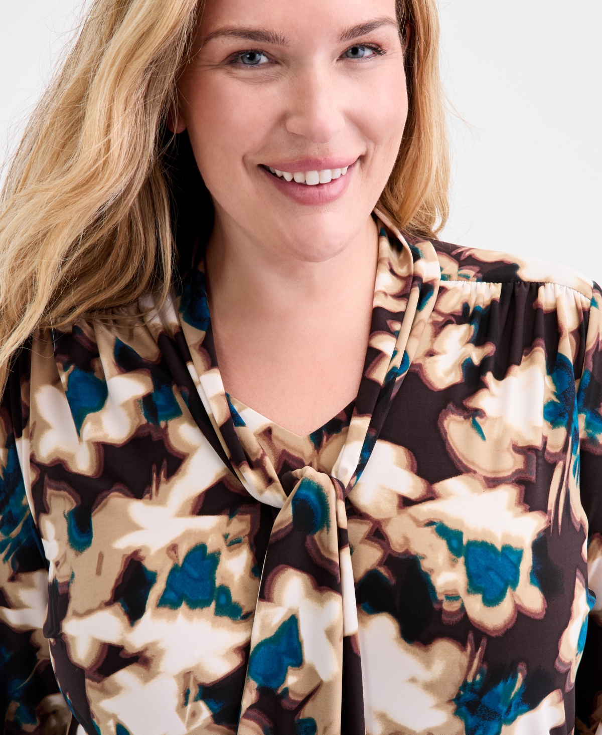 Anne Klein Plus Size Printed Tie-neck Long-sleeve Blouse In Multi