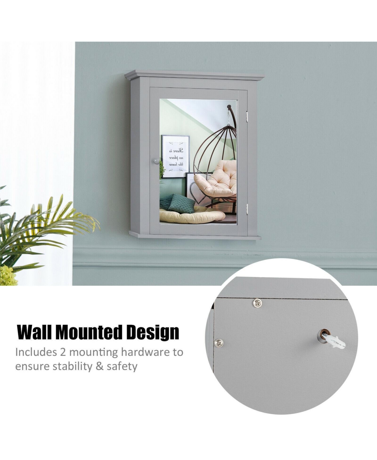 Wall Mount Bathroom Cabinet with One Mirror Single Door Adjustable Shelves Retro Handle